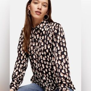 TOPSHOP Blouse, Button-down Top, Black/Brown/Tan Pattern, Long Sleeve, Women's S